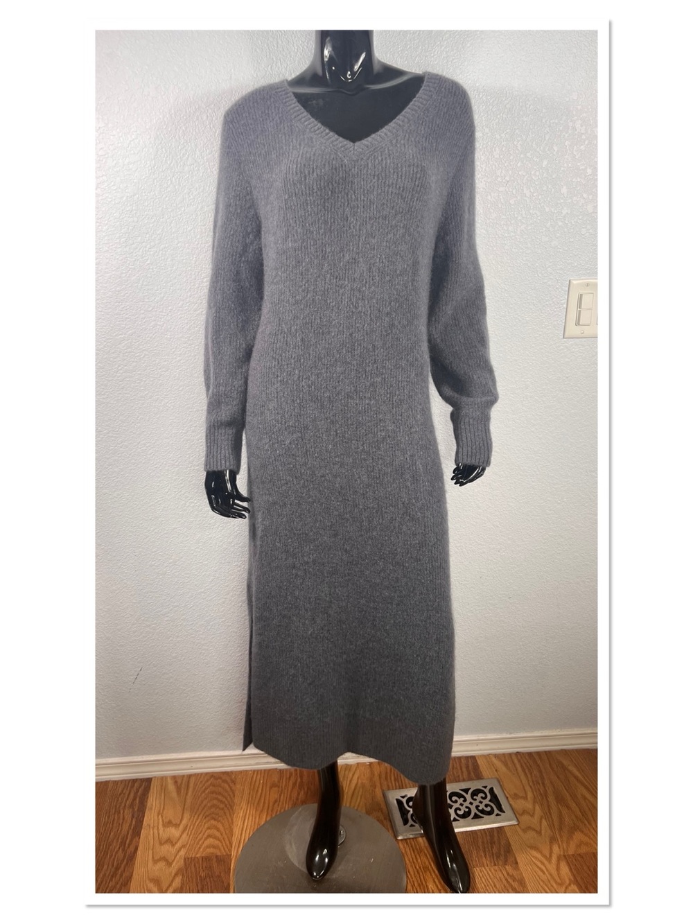 & Other Stories V Neck Knit Dress Side Slits Gray Cotton Wool Alpaca Blend Sz S